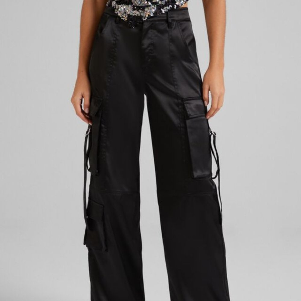 BERSHKA SATIN WIDE LEG CARGO PANT